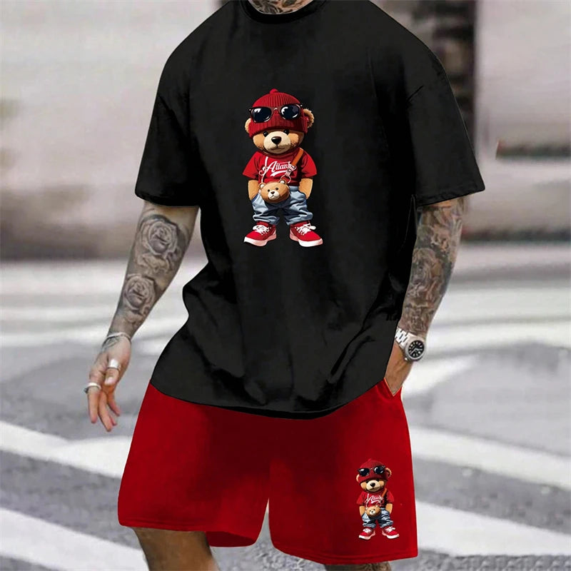 2024 Fun Bear Harajuku T-Shirt Men's Summer Loose Daily Couple Suit Outdoor Street Short Sleeve Shorts Two Piece Men Summer Suit