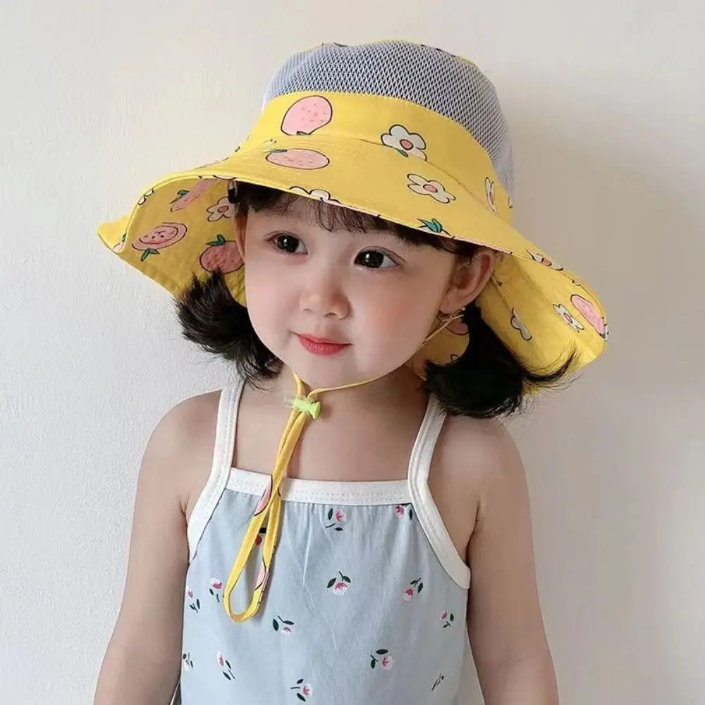 Cartoon Print Baby Sunshade Hat New Mesh Wide Brim Kids Fisherman Hat Breathable Sunshade Hat For Boys Girls