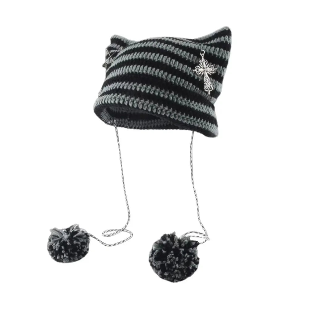 Y2K Beanie Hat Women Ins Devil Ear Striped Knitted Wool Cap Autumn Winter Hip-hop Crochet Cute Cat Ears Pointed Pullover Hats