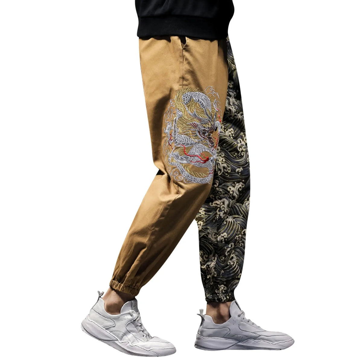 Flat Front Loose Mens Japanese Retro Trend Embroidered Color Matching Casual Trousers