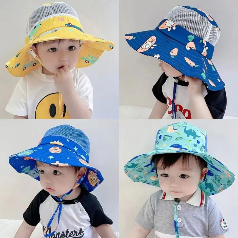 Cartoon Print Baby Sunshade Hat New Mesh Wide Brim Kids Fisherman Hat Breathable Sunshade Hat For Boys Girls
