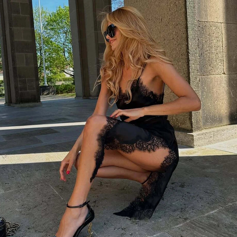 MUJER 2025 Lace Slip Dress Woman Black Backless Short Dresses for Women Asymmetric Party Women's Summer Dress Satin Sexy Dresses