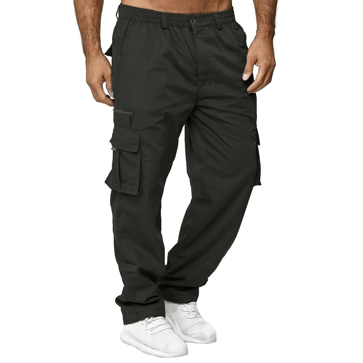 Mens Trousers Popular Casual Slim Fit Solid Color Pocket Cargo Pants Loose Wide Leg Straight Elastic High Waisted Pantalones