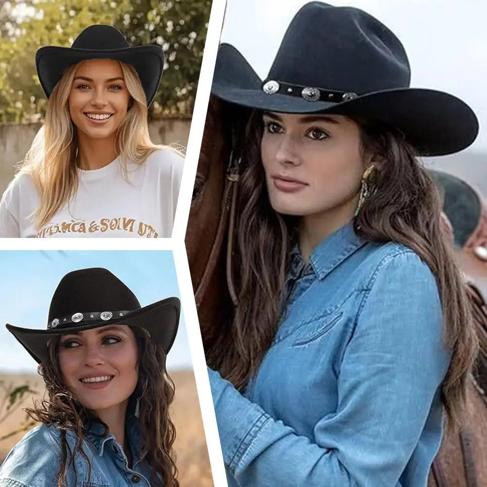 Vintage Western Cowboy Hat Comfortable Roll Up Brim Belt Buckle Cowgirl Fedora Cowgirl Church Sombrero Hombre Caps