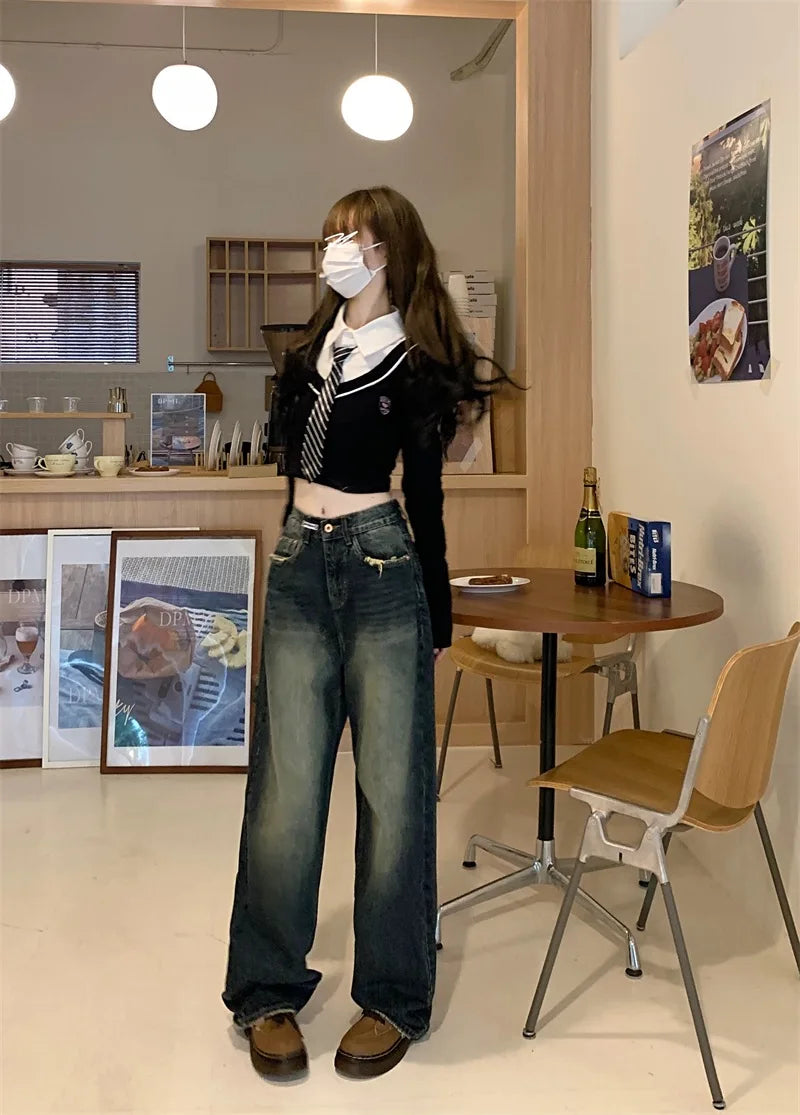 Women's Harajuku Style Loose Wide Leg Jeans Autumn Winter Street Fashion Retro Straight Loose Denim Trousers ﻿