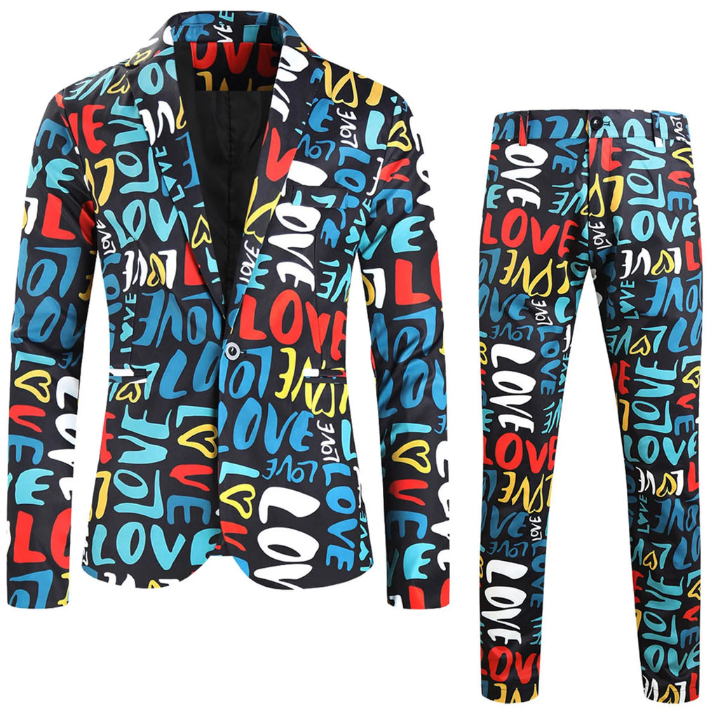 Suit Jacket Mens Two Piece Set Valentine Day Love Printing Dinner Date Suit Jackets Pants Two Piece Suit Male Clothing Hombre