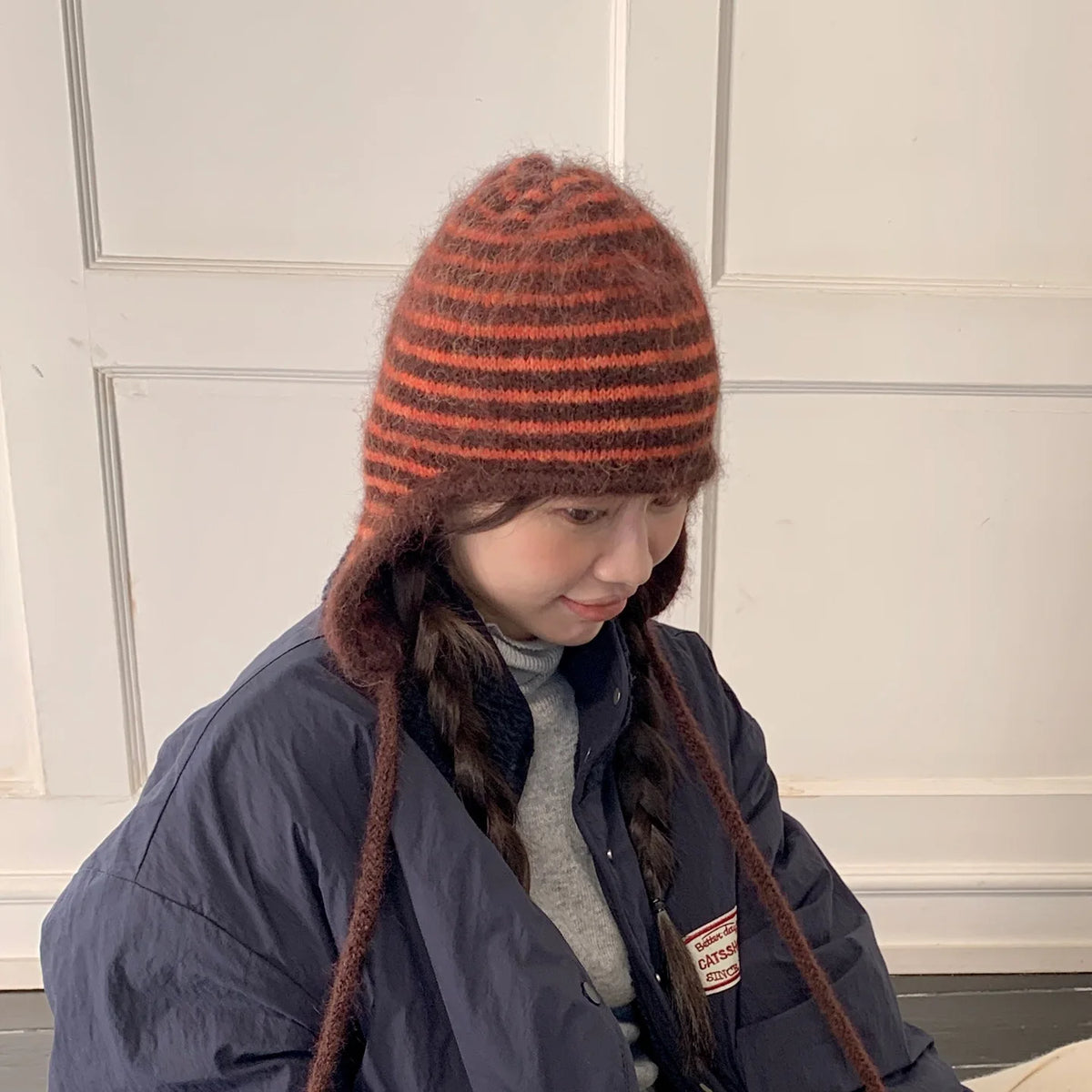 Winter Hat Women Wool Knitted Striped Beanie Baggy Cap Warm Windproof Outdoor Ski Balaclava Casual New