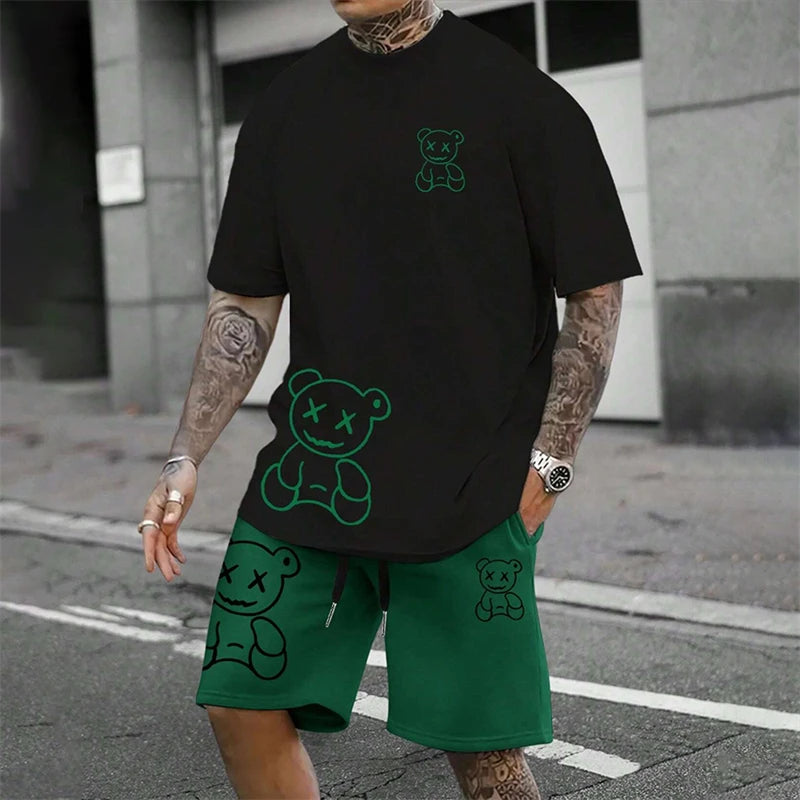 2024 Fun Bear Harajuku T-Shirt Men's Summer Loose Daily Couple Suit Outdoor Street Short Sleeve Shorts Two Piece Men Summer Suit