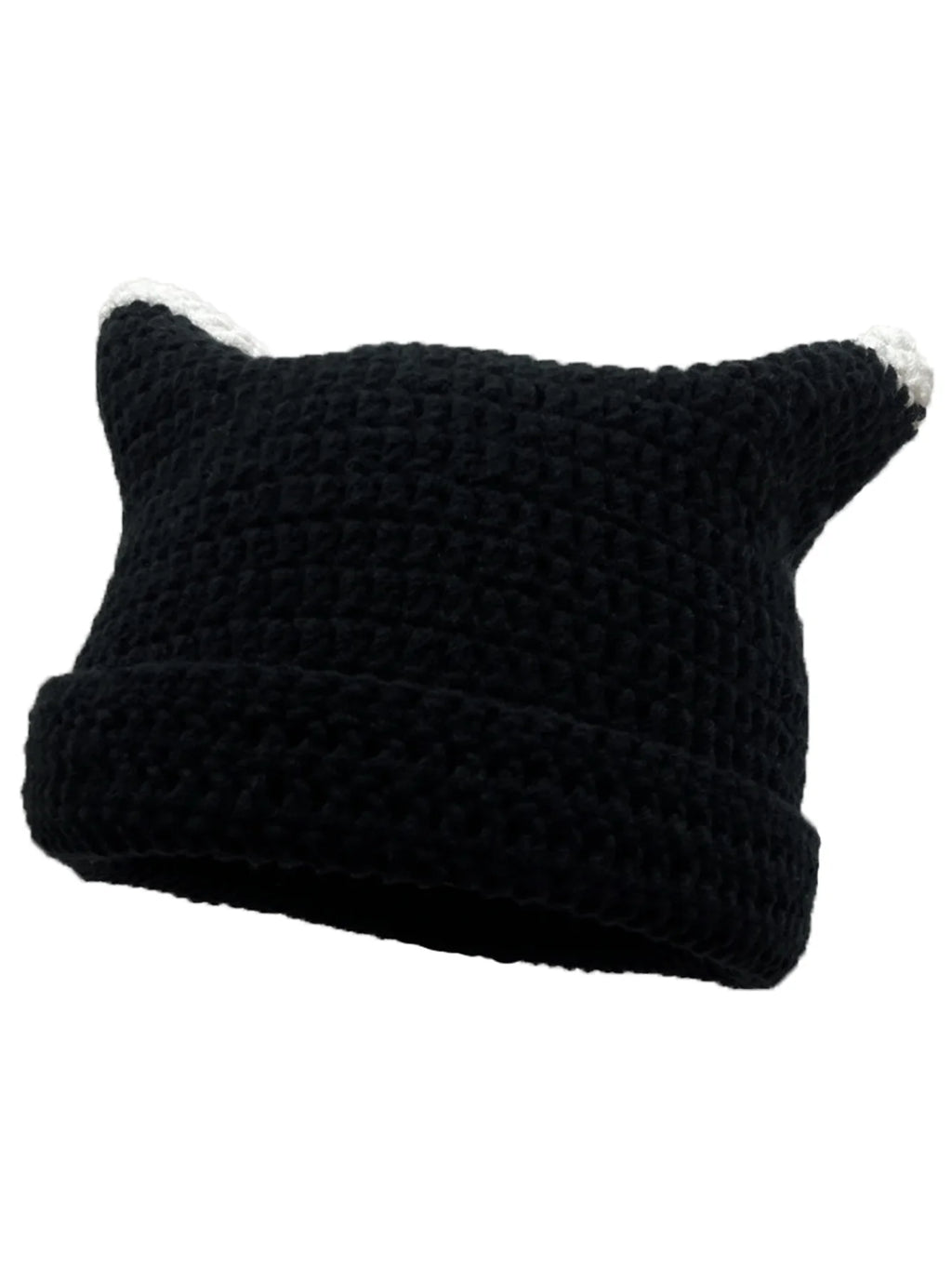 Cute Cat Ears Beanie Hats for Women Winter Striped Korean Punk Gothic Y2K Wool Knitted Streetwear Handmade Crochet Bucket Cap