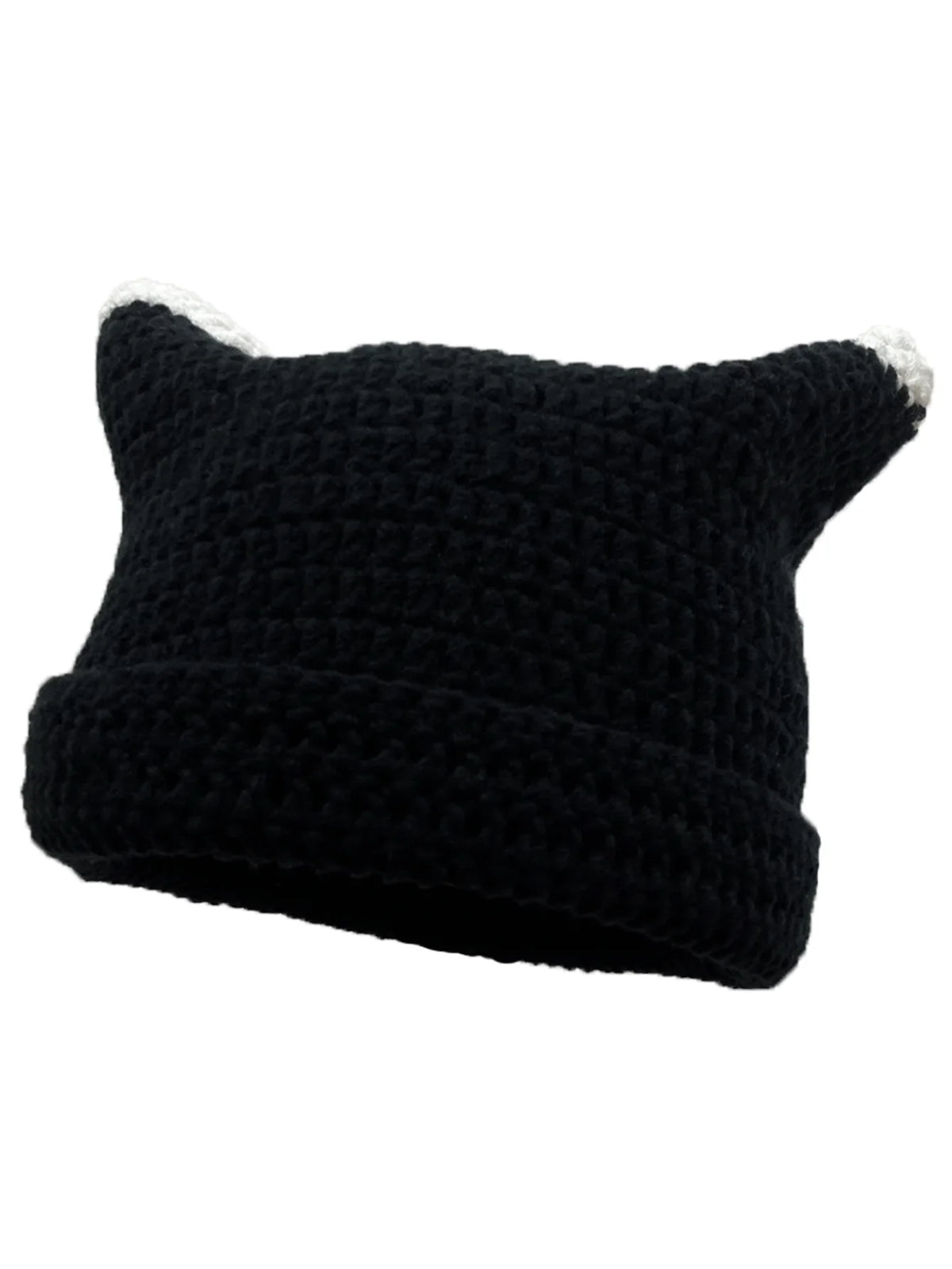 Cute Cat Ears Beanie Hats for Women Winter Striped Korean Punk Gothic Y2K Wool Knitted Streetwear Handmade Crochet Bucket Cap