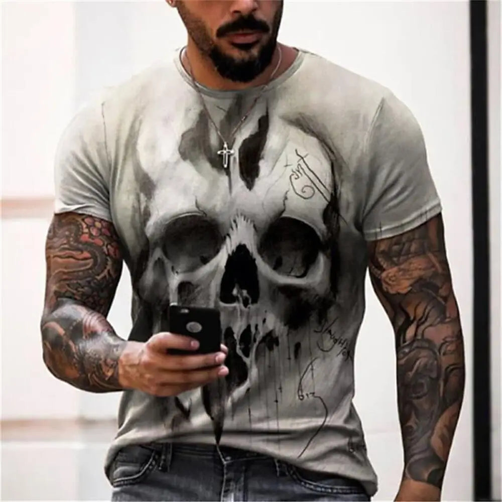 Men's Casual T-Shirt, Gothic Skull Heart Hands Graphic Black Short Sleeve Crew Neck Tee Cool Streetwear Halloween Fashion Top