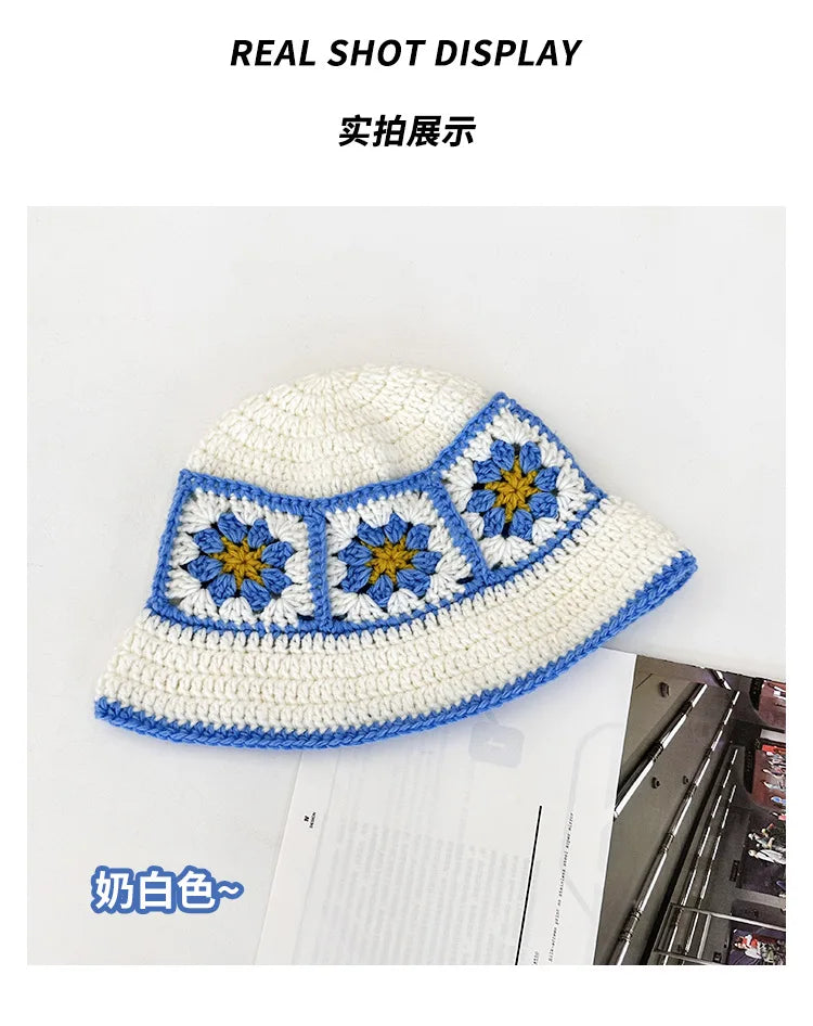 2025 Autumn New Crochet Korean Handmade Bucket Hat Women Weaving Knitted Hat Y2k Fashion Flowers Autumn Winter Beanies Basin Cap