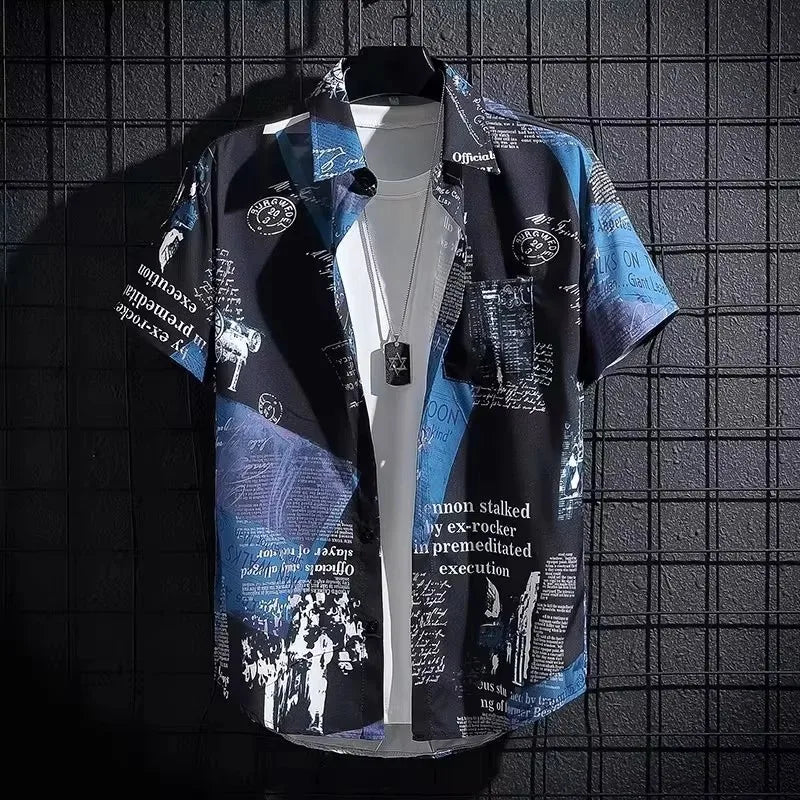 Short sleeved shirt men's thin graffiti print Hong Kong fashion clothing beach floral loose half sleeved shirt