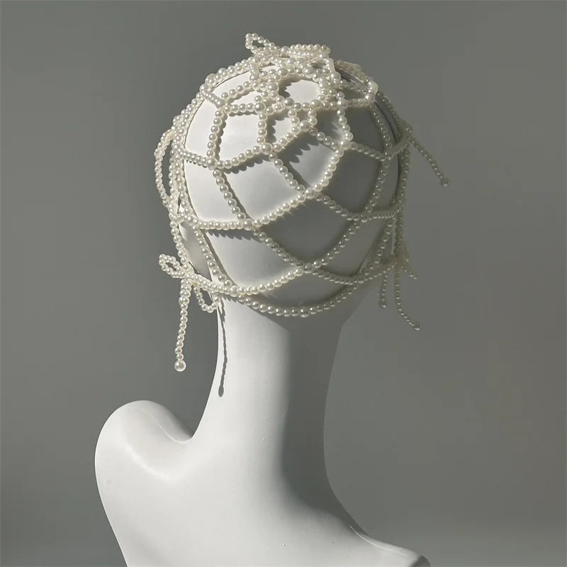 2024 new fashion chic women white handmade pearl weave hat