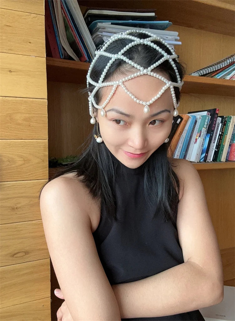 2024 new fashion chic women white handmade pearl weave hat