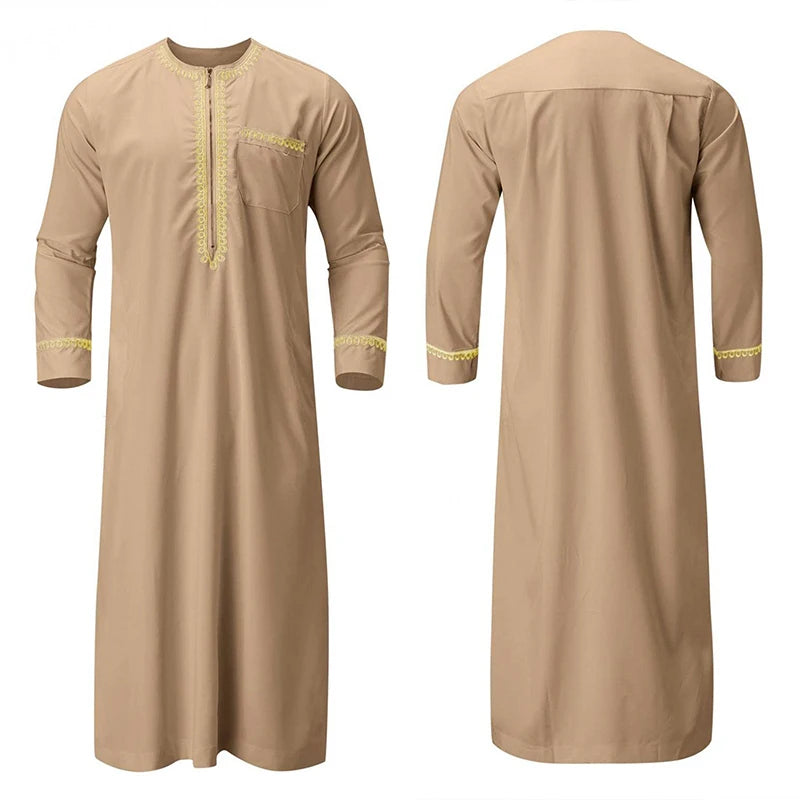 Men s Traditional Moroccan Kaftan Robe with Intricate Gold Embroidery Long Sleeves and Loose Fit for Ethnic Style Costume