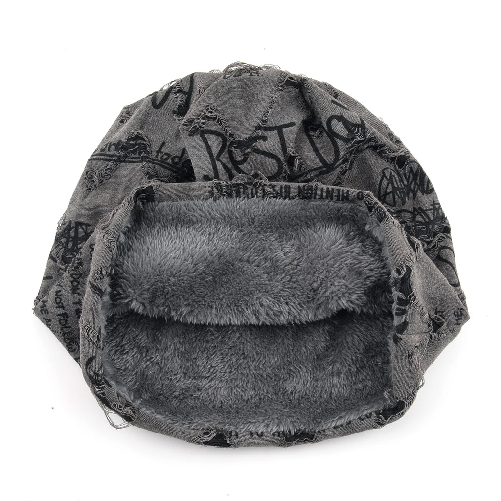 Letter Print Beanie Hats For Women Men Vintage Distressed Cracked Design Wasteland Style Spring Summer Warm Fleece-lined Winter