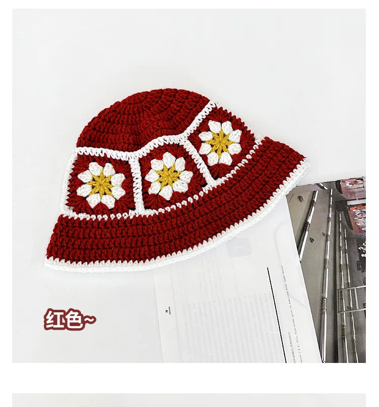 2025 Autumn New Crochet Korean Handmade Bucket Hat Women Weaving Knitted Hat Y2k Fashion Flowers Autumn Winter Beanies Basin Cap