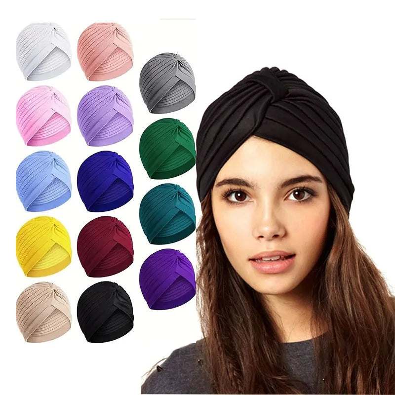 Stretchy Knot Twist Turban Bandanas Women Headscarf Bonnet Muslim Hijab Indian Hats Female Chemo Cap Adult Solid Color Head Wrap