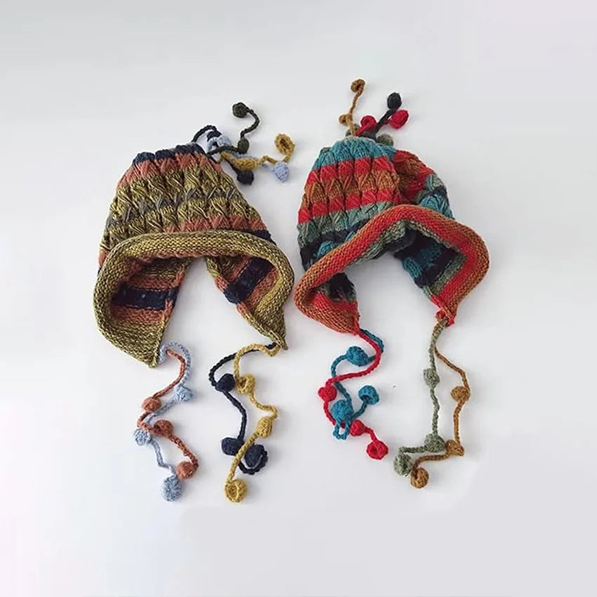 1Pc Curled Brim Wool Hat for Women, Winter Knitted Hat, Windproof Striped Rainbow Knitted Hat, Tassel Ball Knitted Hat, Suitable.