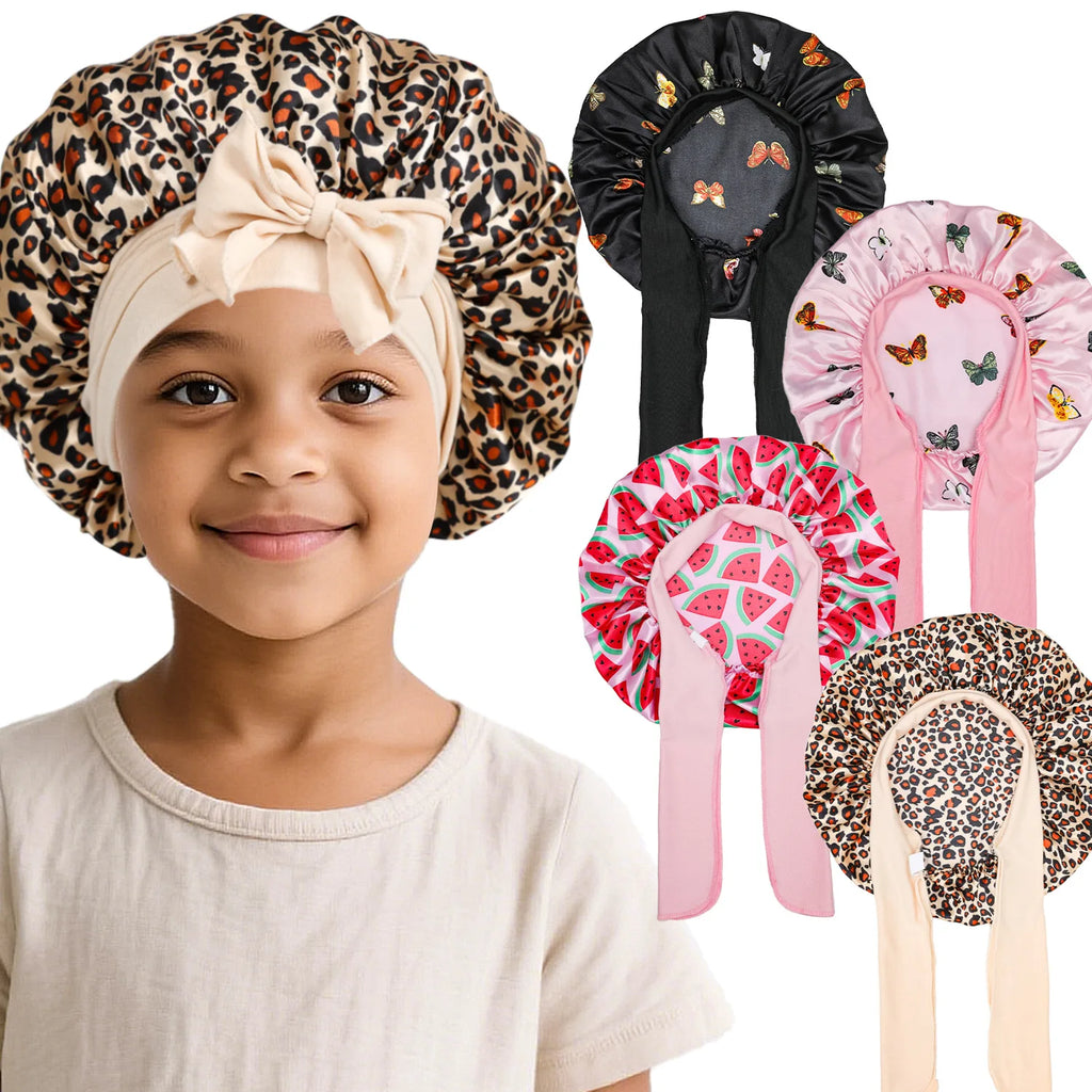 Kids Satin Bonnet Sleep Hat Wide Elastic Band Ribbon Sleeping Cap Boy Girls Flower Printed Silk Shower Cap