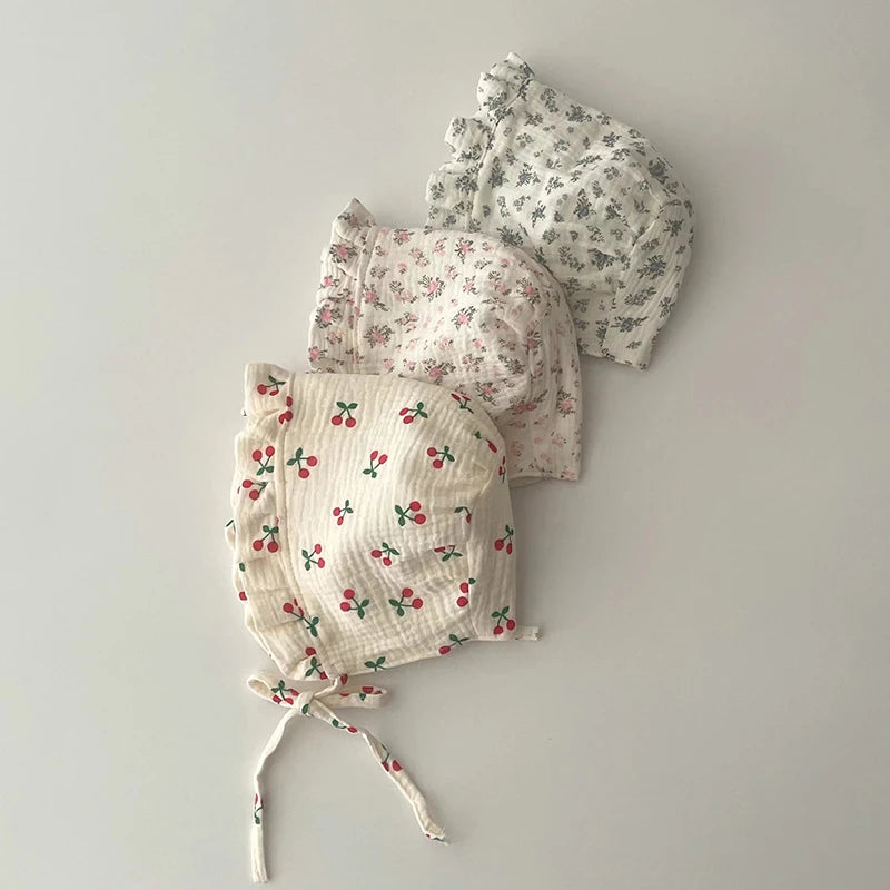 Korean Print Baby Sun Hat Cute Flower Cherry Infant Girls Princess Cap Spring Autumn Cotton Newborn Ear Protection Caps Bonnet