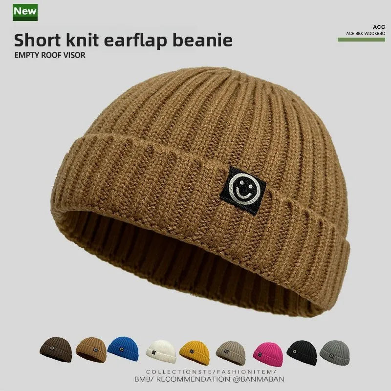 Men's Warm Smile Face Patch Knit Beanie Winter Skull Cap Short Cuff Soft Ribbed Knitted Hat for Outdoor Daily Wear