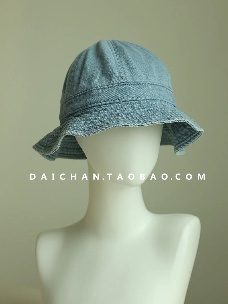 Japanese Retro Simple Dome Denim Basin Caps for Women Spring and Summer Travel Casual Versatile Sunscreen Bucket Hats Men