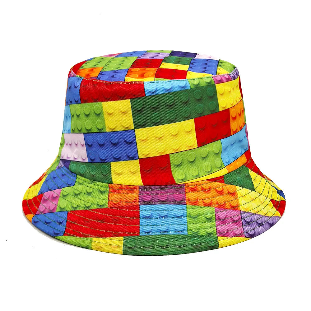 Europe and America Retro Nostalgic 90s Tape Pattern Bucket Hat Female Double Sided Spring and Summer Outdoor Sunscreen Sun Hat