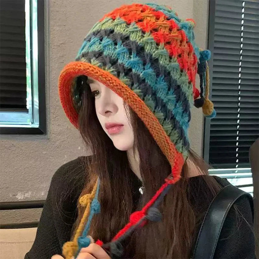 1Pc Curled Brim Wool Hat for Women, Winter Knitted Hat, Windproof Striped Rainbow Knitted Hat, Tassel Ball Knitted Hat, Suitable.