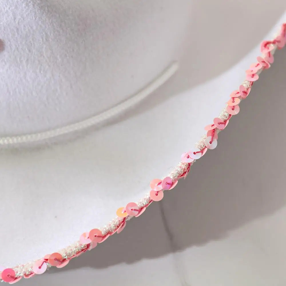 Pink Star White Cowgirl Hat Sequin Trim Fringe Cow Girl Hat Adjustable Cowboy Hat Neck Draw String Costume Party Play Dress-Up