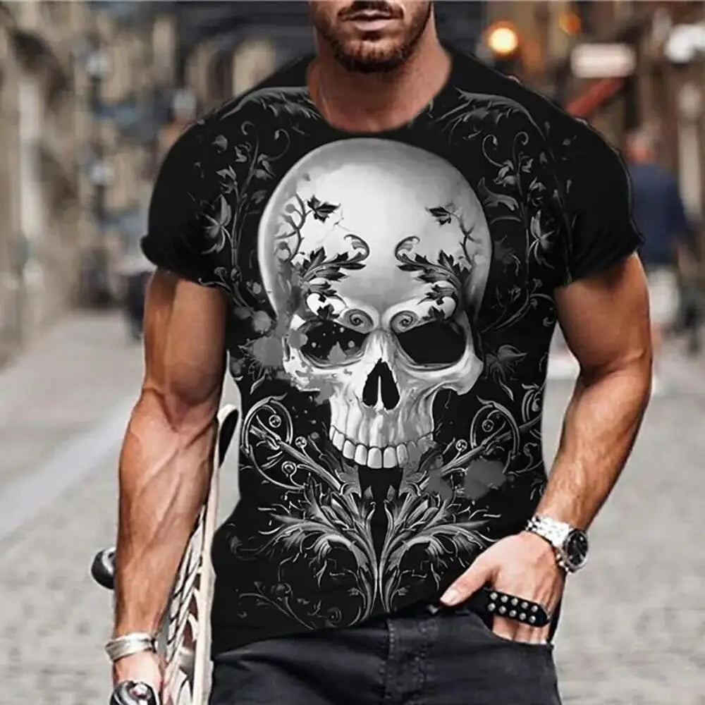 Men's Casual T-Shirt, Gothic Skull Heart Hands Graphic Black Short Sleeve Crew Neck Tee Cool Streetwear Halloween Fashion Top
