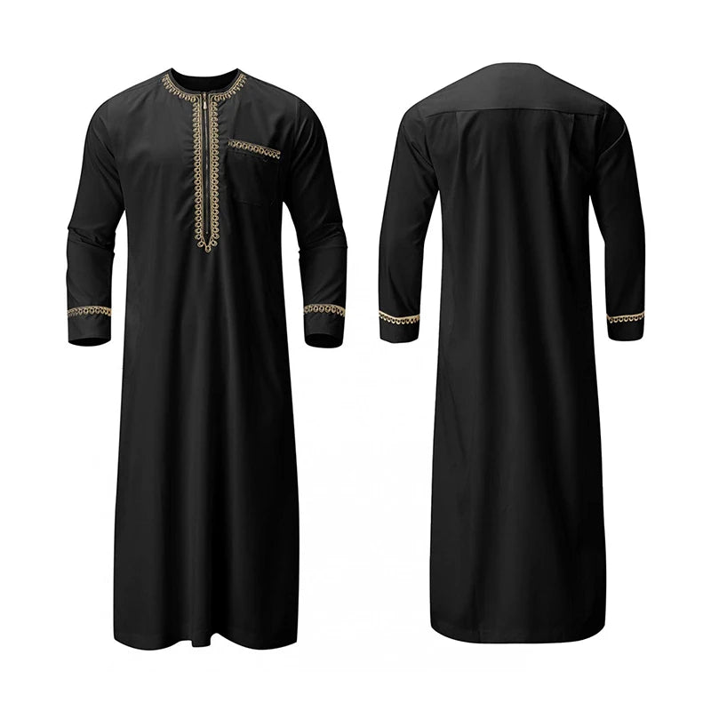 Men s Traditional Moroccan Kaftan Robe with Intricate Gold Embroidery Long Sleeves and Loose Fit for Ethnic Style Costume