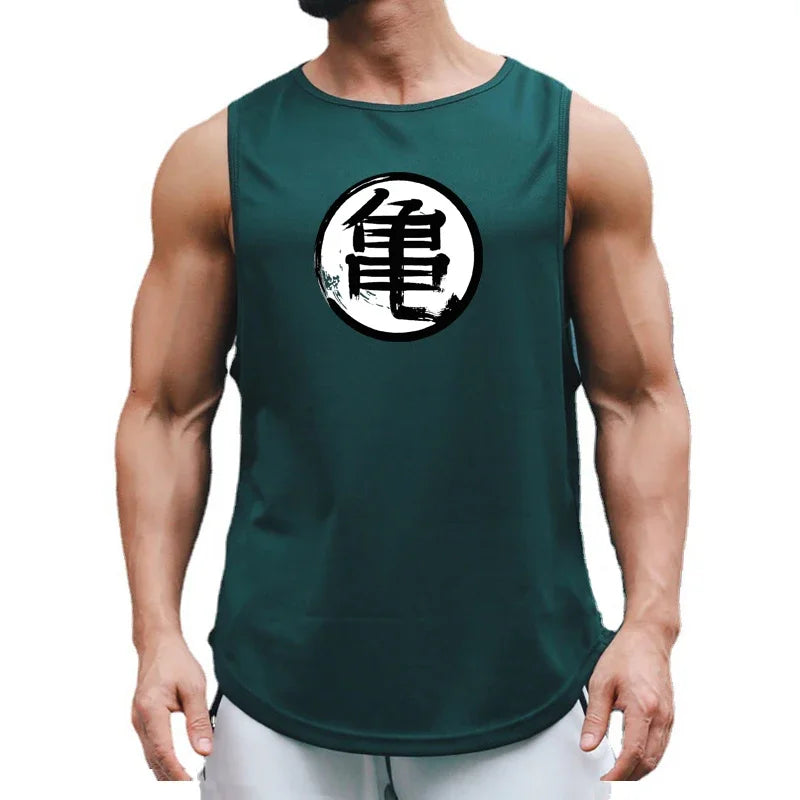 Japanese Anime Turtle Script Printed Summer Fitness Sports Tank Tops Men Gym Clothing Workout Sleeveles Shirt Loose Running Vest