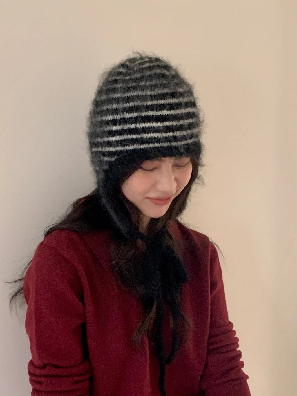 Winter Hat Women Wool Knitted Striped Beanie Baggy Cap Warm Windproof Outdoor Ski Balaclava Casual New