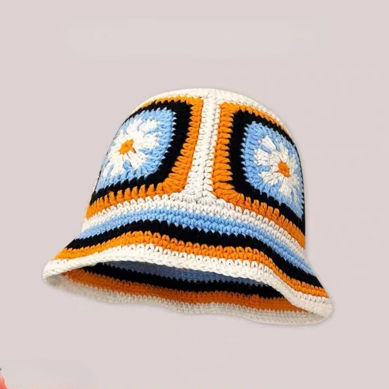 2025 Autumn New Crochet Korean Handmade Bucket Hat Women Weaving Knitted Hat Y2k Fashion Flowers Autumn Winter Beanies Basin Cap