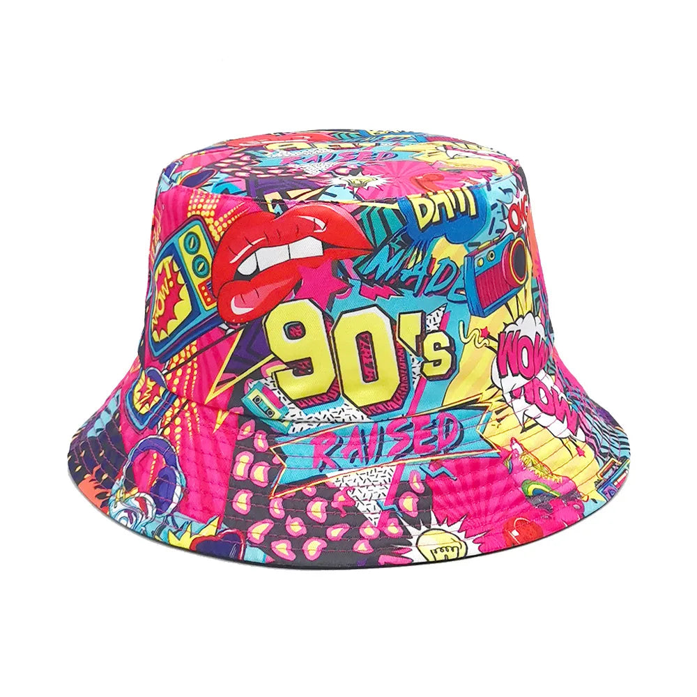 Europe and America Retro Nostalgic 90s Tape Pattern Bucket Hat Female Double Sided Spring and Summer Outdoor Sunscreen Sun Hat