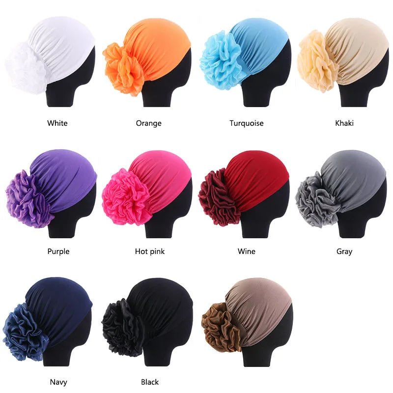 Women's Hijabs Turban Big Flower Elastic Cloth Hair Bands Hat Beanie Ladies Muslim Solid Hair Loss Scarf Cap Hair Accessories