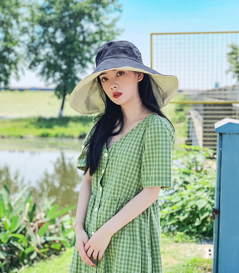 Wide Brim UPF 50+ Sun Hat Women Anti-UV Protection Hiking Fisherman Cap Fold Summer Solid Beach Hat 2024 Double sided Sun hat
