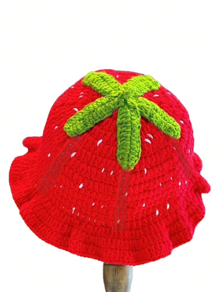 Lady'S Cartoon Red Strawberry-Shaped Fisherman'S Hat, Bohemian-Style Hand-Crocheted And Hollowed-Out Ruffled Cute Knitted Hat