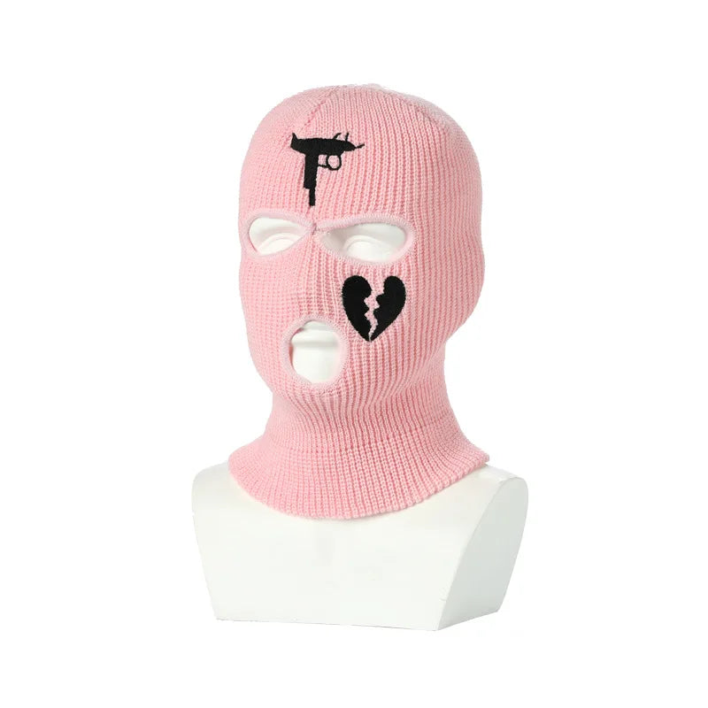 3Holes Winter Warm Unisex Balaclava Mask Hat Embroidery Full Face Mask Knitted Cycling Ski Snowboard Hat Cap Hip Hop Beanie Gift