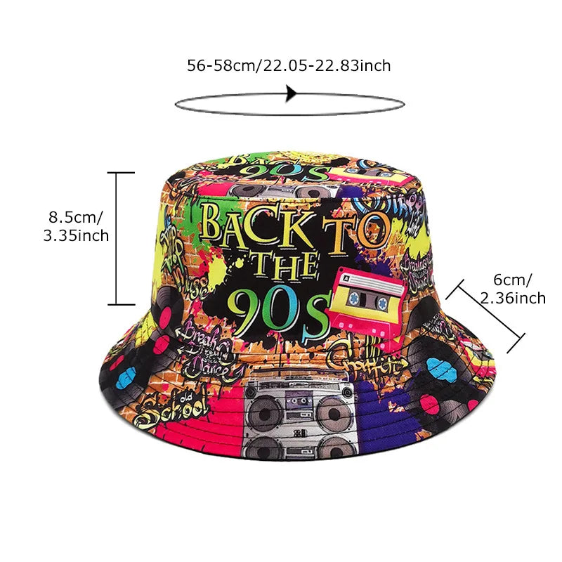 Europe and America Retro Nostalgic 90s Tape Pattern Bucket Hat Female Double Sided Spring and Summer Outdoor Sunscreen Sun Hat