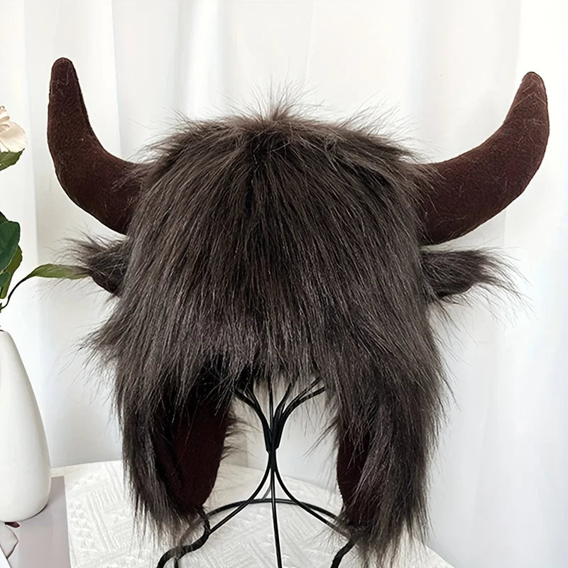 Women's Cow Skull Fisherman Hat with Faux Fur Horns - Winter Warm Ear Protection Beanie, Soft Imitation Mink Material women