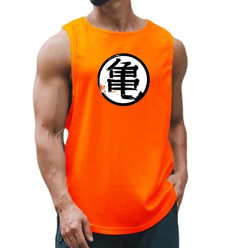 Japanese Anime Turtle Script Printed Summer Fitness Sports Tank Tops Men Gym Clothing Workout Sleeveles Shirt Loose Running Vest