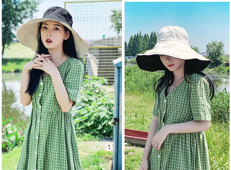 Wide Brim UPF 50+ Sun Hat Women Anti-UV Protection Hiking Fisherman Cap Fold Summer Solid Beach Hat 2024 Double sided Sun hat