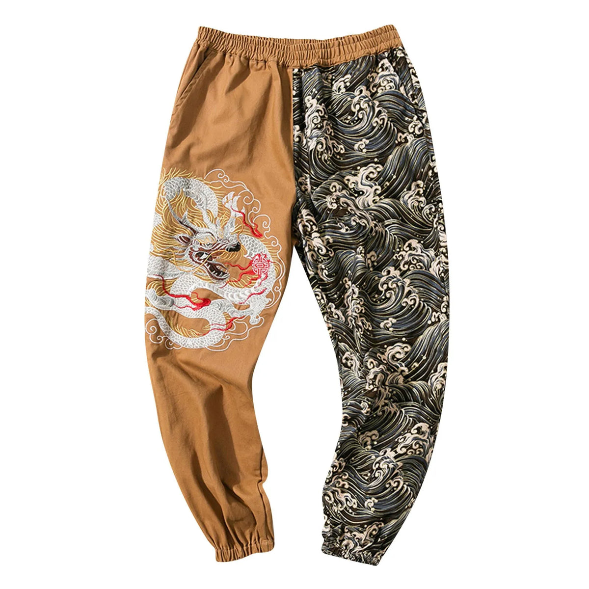 Flat Front Loose Mens Japanese Retro Trend Embroidered Color Matching Casual Trousers
