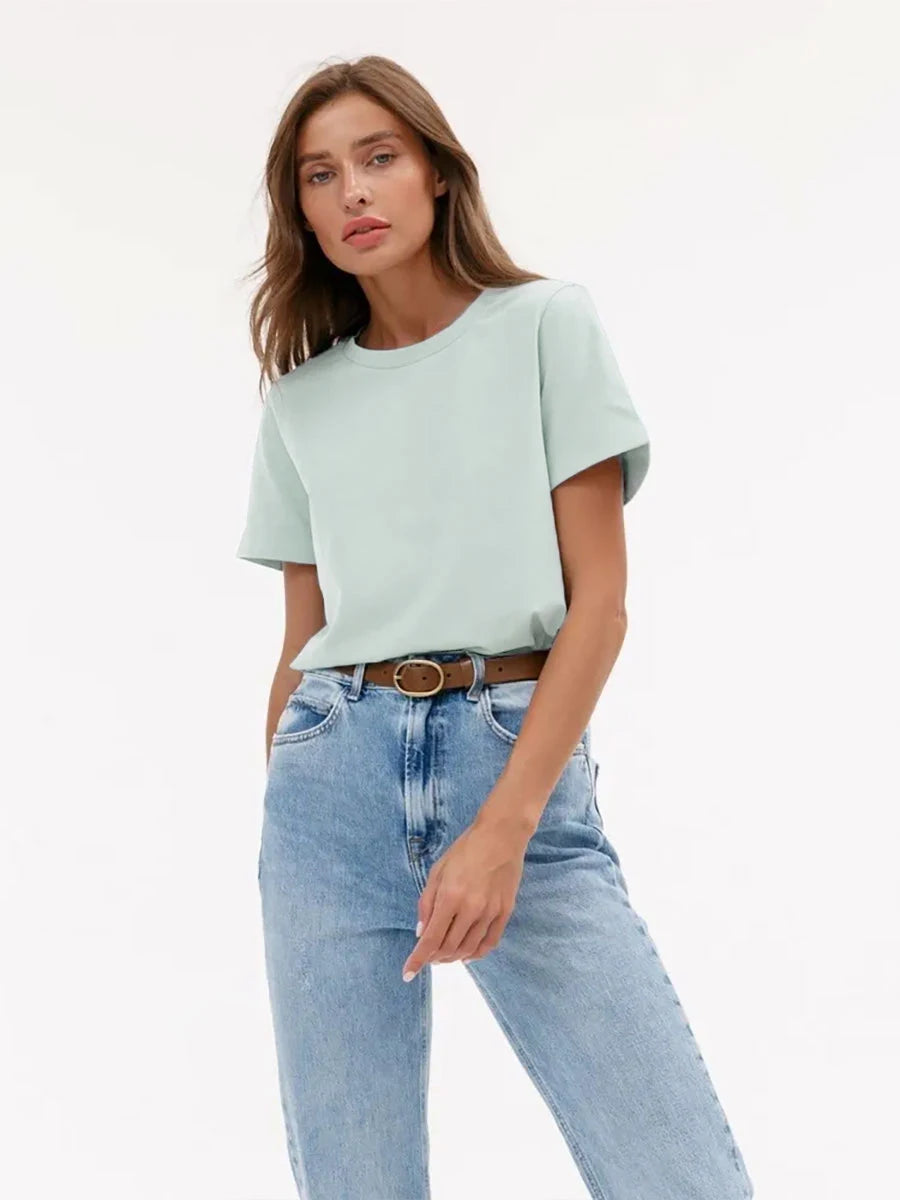 Bornladies Summer 100% Cotton Women's T-shirt Bottoming Basic Fashionable Solid Lady Short Sleeve Loose Tops Shirts 230g/㎡ Tops