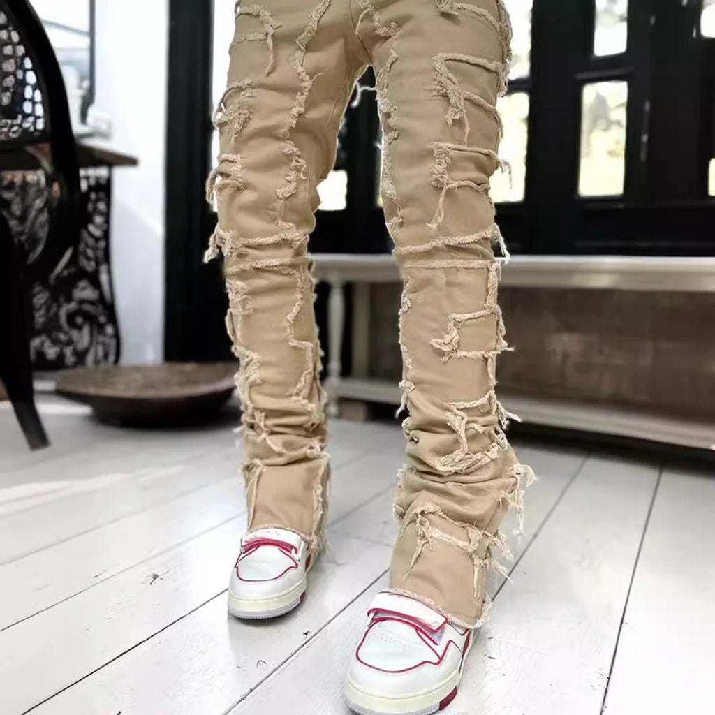 New Mens Denim Straight Leg PantsStreet Fashion InsElastic Waist Stretch Jeans Casual Trousers