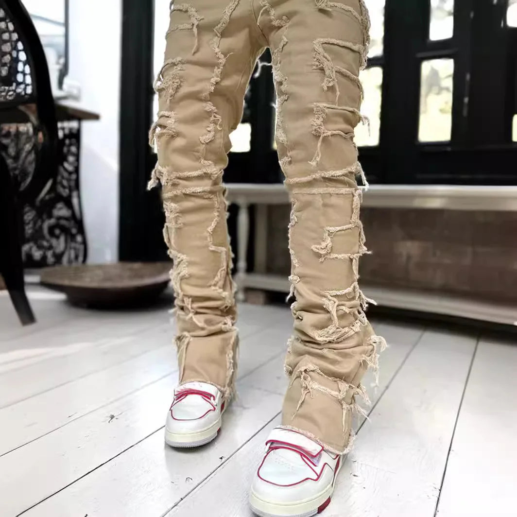 New Mens Denim Straight Leg PantsStreet Fashion InsElastic Waist Stretch Jeans Casual Trousers
