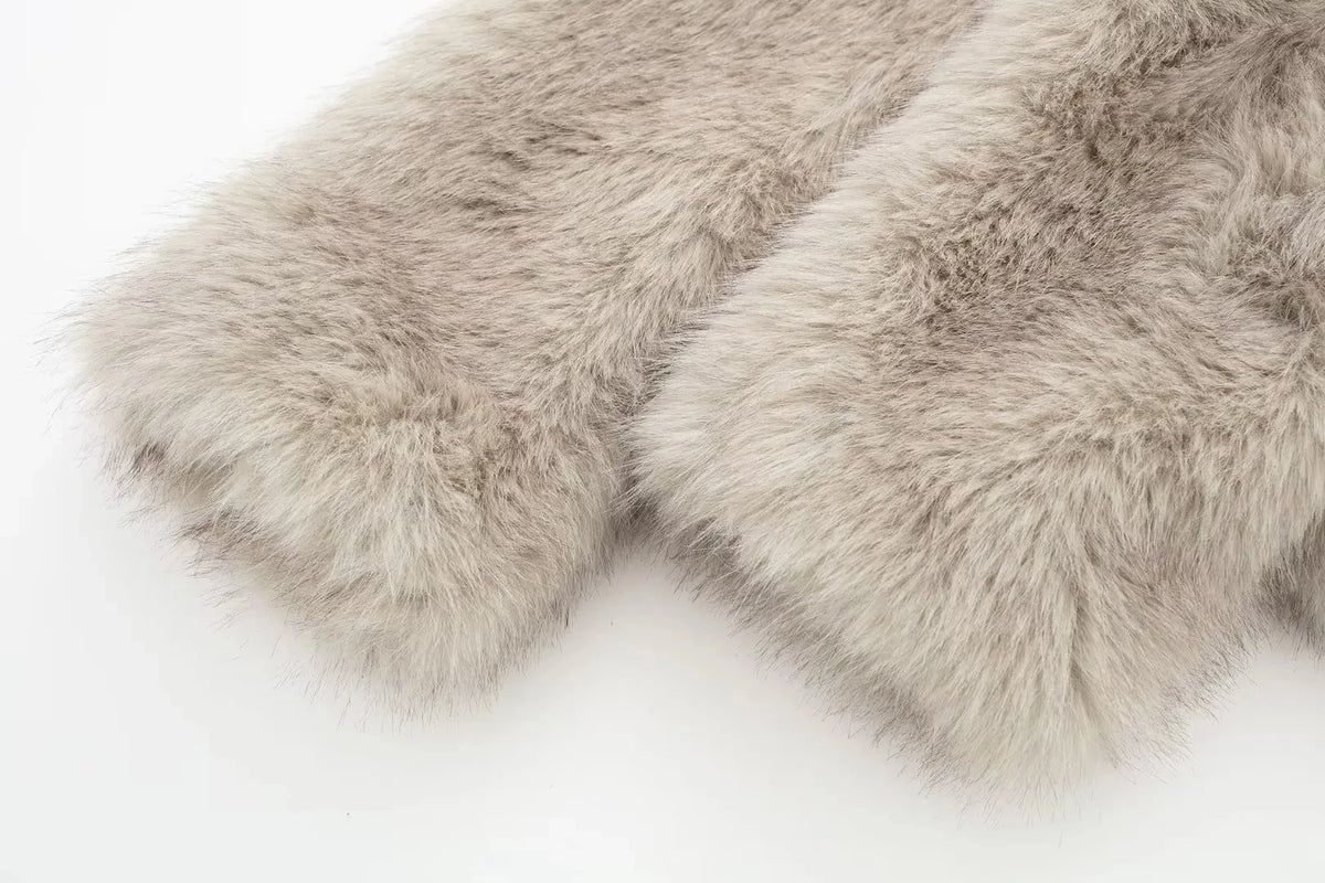 HH Women Fashion Cropped Faux Fur Jacket Coat Long Sleeve Front Snap-button Female Outerwear Chic Lapel Collar Thick Coat